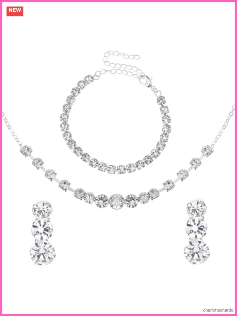 Silver Rhinestone Bridal Wedding Jewelry Set Necklace Earrings Bracelet